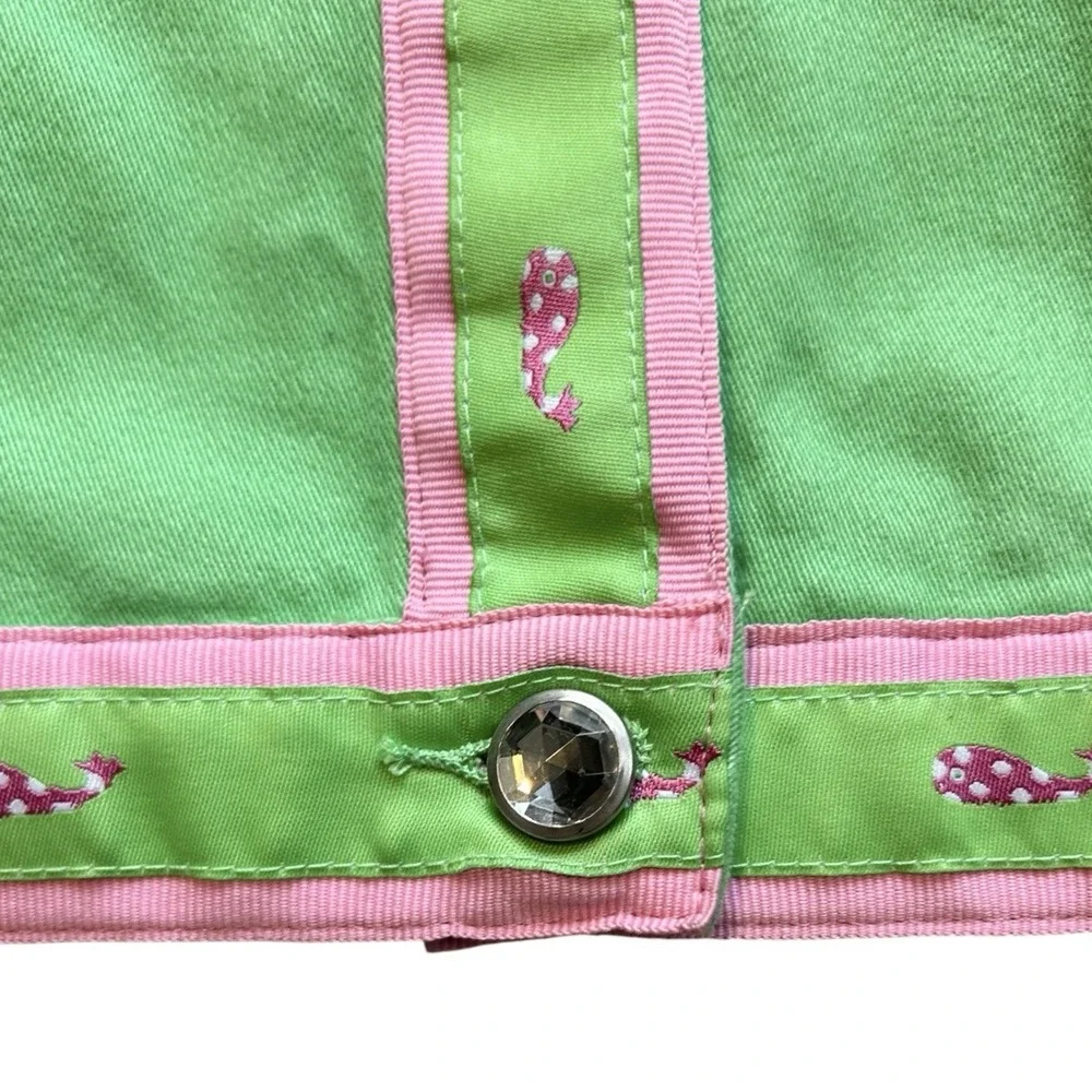 QUACKER FACTORY Green Jacket sz 1X Grosgrain Ribbon Pink Whale Trim Resortwear
